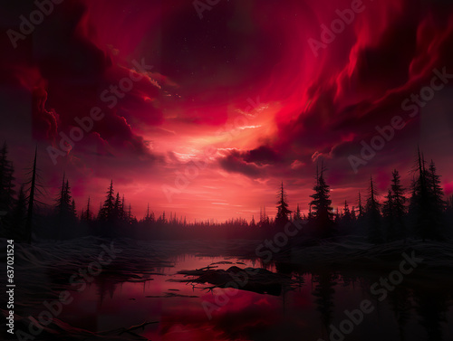 Illustration of a dramatic pole shift turns the sky a captivating and mysterious shade of red. Completely red sky in transformation of the planet.