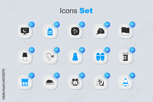 Set Sleepy, Earplugs and ear, Sleeping pill, Window with curtains, Ringing bell, Moon stars and Ghost icon. Vector