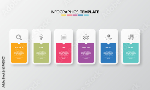 Business infographic template process with simple geometry square, rectangle, circle, triangle, curves in flat design template with thin line icons and 6 options or steps. Vector illustration.