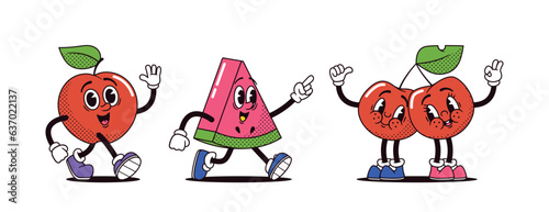 Cartoon Apple, Watermelon, Cherry Retro Characters in Funky Style. Juicy Healthy Food Personages for Book or Kid Menu
