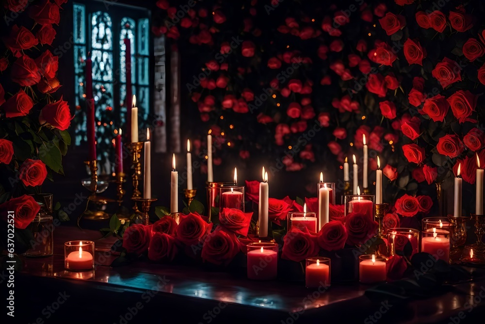 A room full of roses and candels illuminated by light of candels - AI Generative
