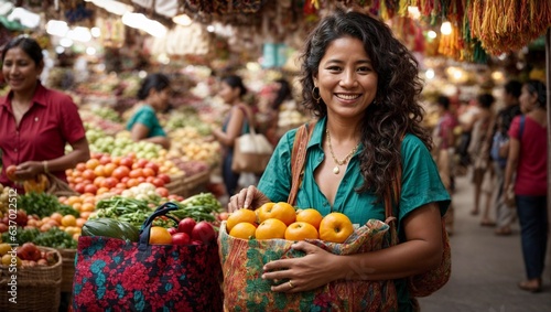A woman holding a basket of fresh fruits in a bustling market