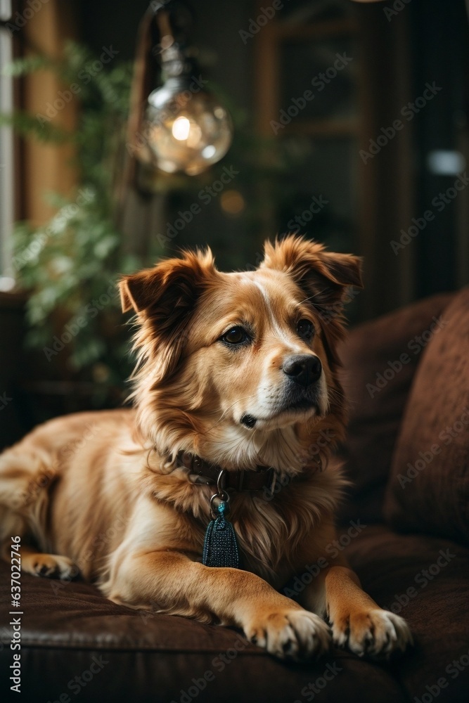 A brown dog resting on a cozy brown couch