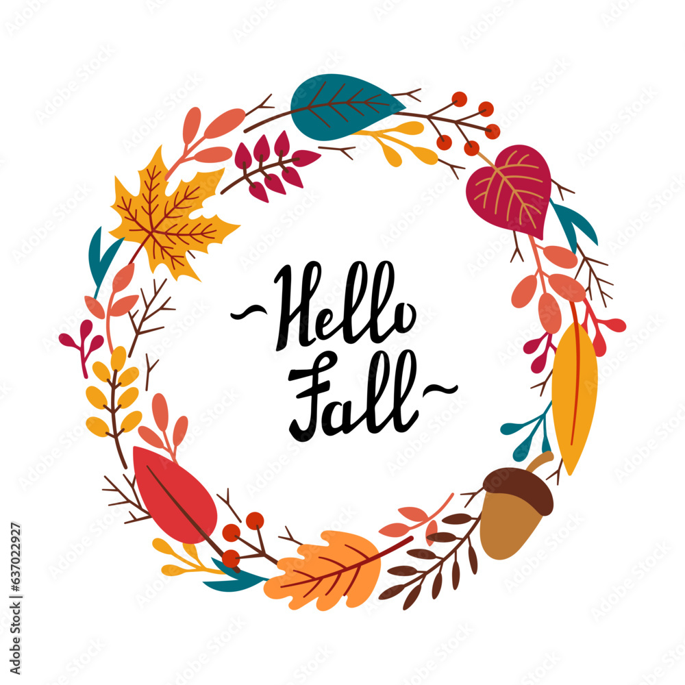 Autumn decorative round frame, template with autumn elements - leaves, twigs, acorn, berries and lettering HELLO FALL. Vector hand drawn illustration in Doodle style.