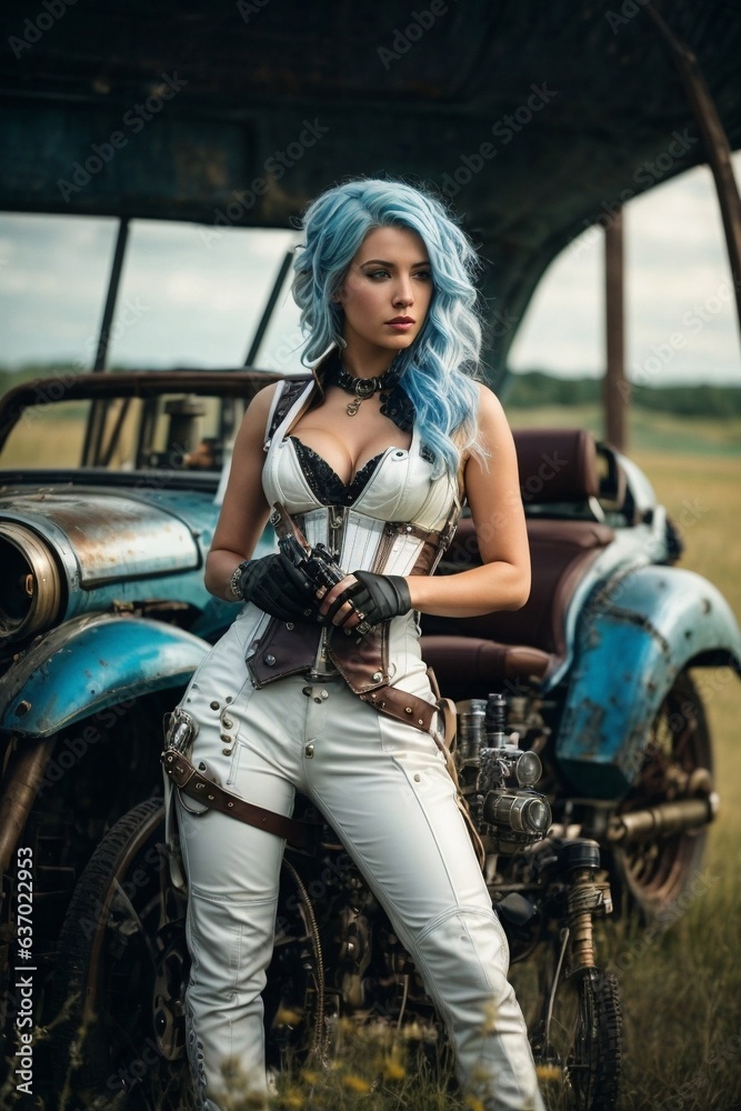 A woman with blue hair posing next to a vintage car