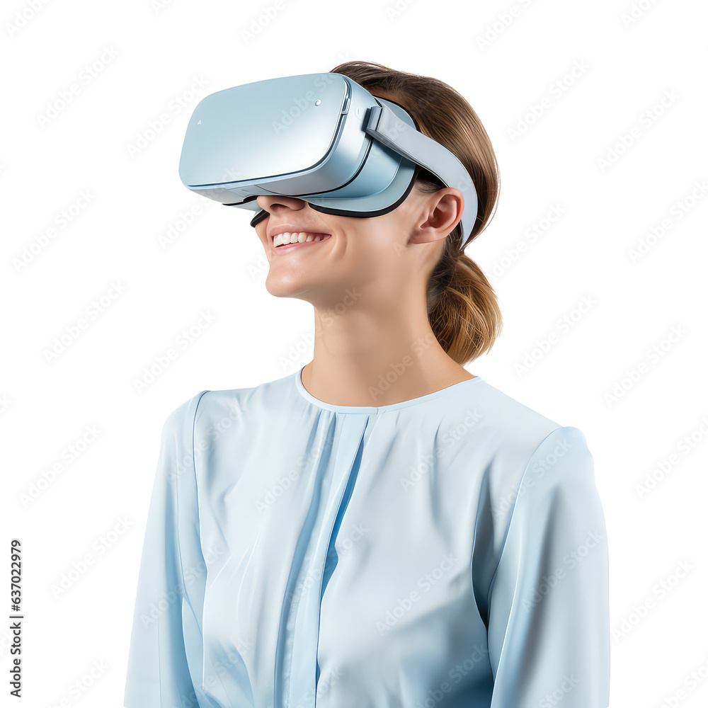 A young smiley girl in blue dress using VR glasses on her eyes isolated on white, clipart. Png with transparent background, cutout. A young smiley girl in blue dress using VR glasses on her eyes isolated on white, clipart. Png with transparent background, cutout.