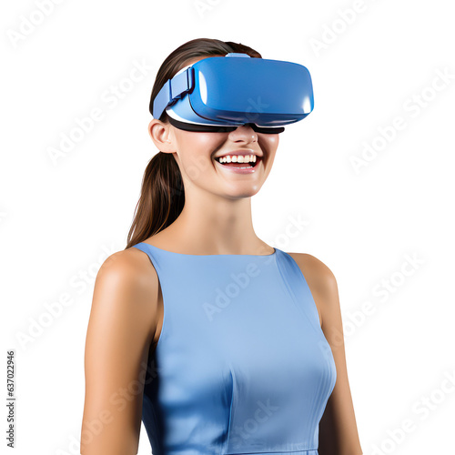 A young smiley girl in blue dress using VR glasses on her eyes isolated on white, clipart. Png with transparent background, cutout. © dinastya