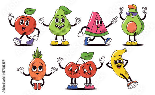 Retro Cartoon Fruits Apple, Pear, Watermelon Slice, Avocado and Pineapple. Cherries and Banana Characters