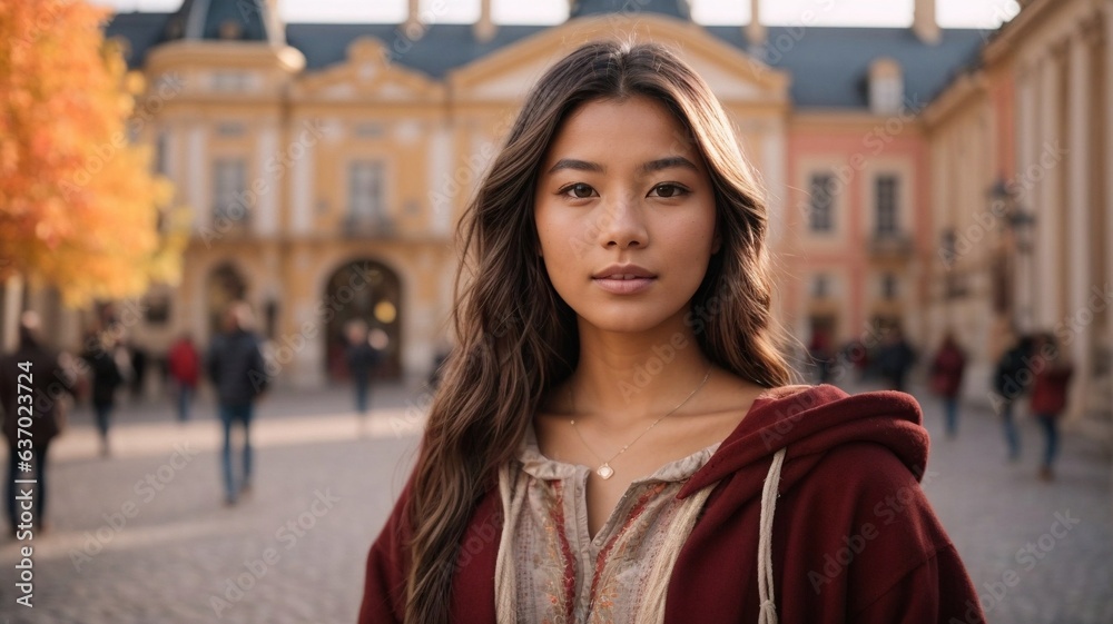 A woman standing in front of a grand architectural marvel A woman standing in front of a grand architectural marvel