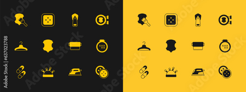 Set Leather, Needle bed and needles, Textile fabric roll, Electric iron, Zipper, and Sewing button for clothes icon. Vector