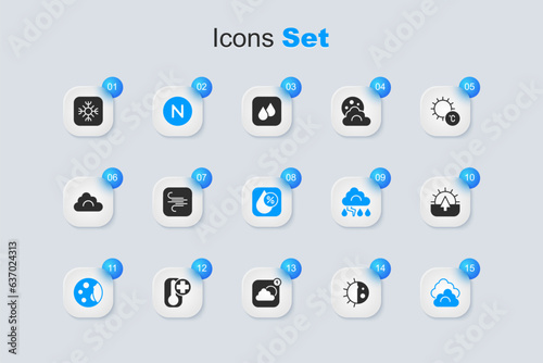 Set Day night cycle, Wind, Compass north, Moon phases, Cloud, Sunrise, Snowflake and Water drop percentage icon. Vector