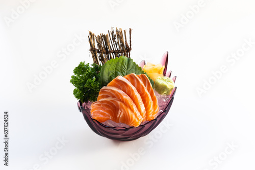 Fresh Salmon sashimi. Japanese food on restaurant table. Isolated on white background