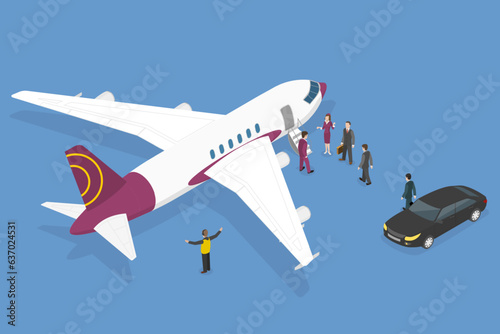 3D Isometric Flat Vector Conceptual Illustration of Private Jet, Luxury Airplane and Limousine Car Standing on Runway