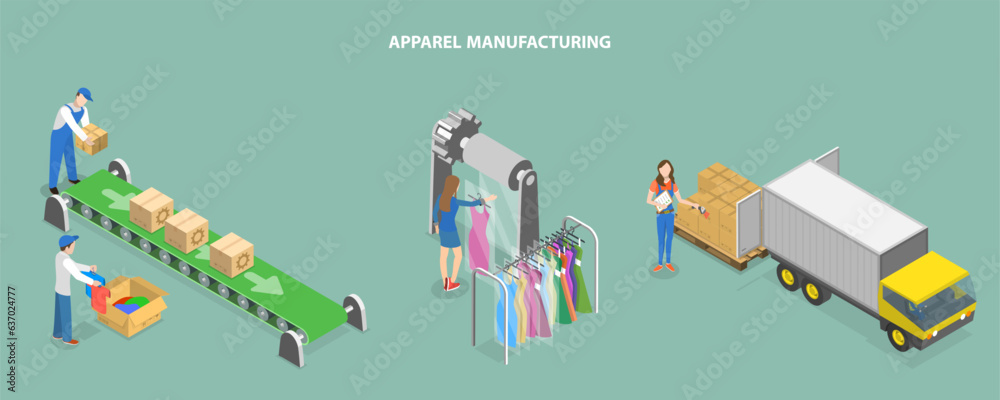 3D Isometric Flat Vector Conceptual Illustration of Apparel Manufacturing, Clothes Factory 3D Isometric Flat Vector Conceptual Illustration of Apparel Manufacturing, Clothes Factory