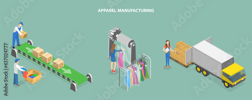 3D Isometric Flat Vector Conceptual Illustration of Apparel Manufacturing, Clothes Factory