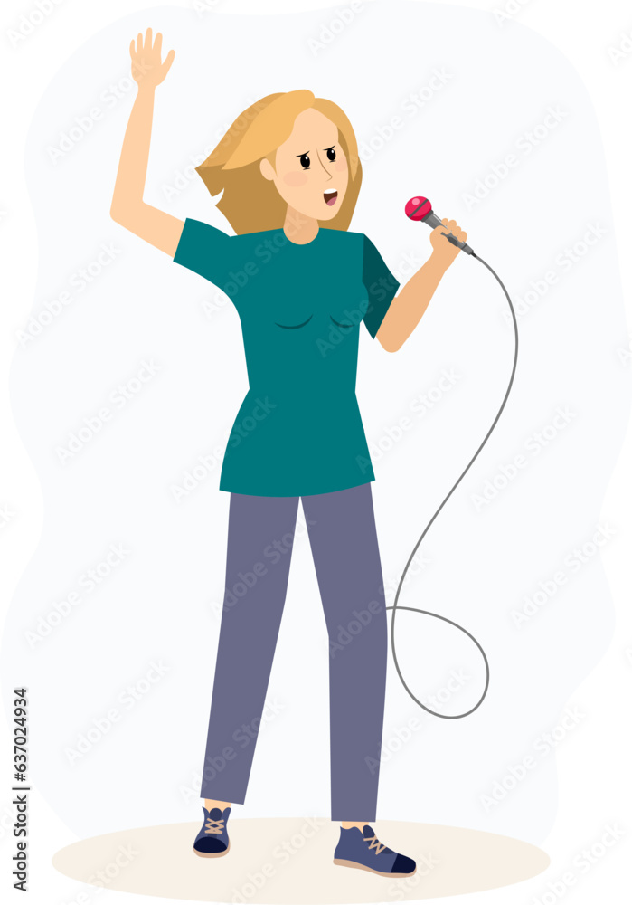 Musical concert. Woman with blond hair and microphone sings in a karaoke club or recording studio. Musical concert. Woman with blond hair and microphone sings in a karaoke club or recording studio.
