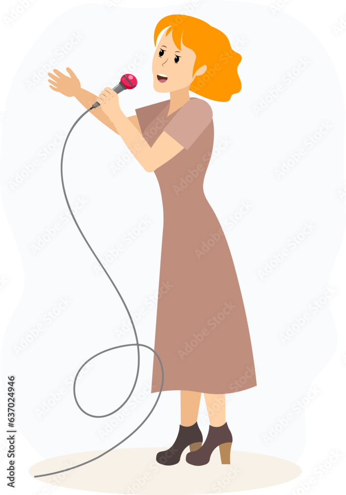 Musical concert. Woman with red hair and microphone sings in a karaoke club or recording studio. Musical concert. Woman with red hair and microphone sings in a karaoke club or recording studio.