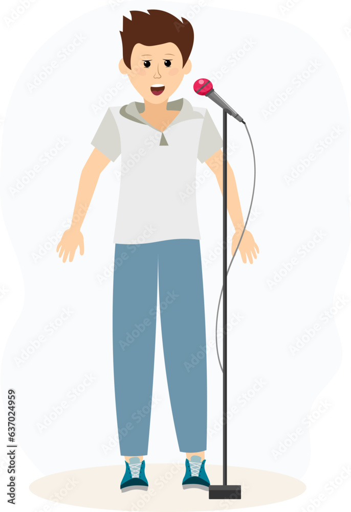 Musical concert.Boy with a microphone sings in a karaoke club or recording studio. Musical concert.Boy with a microphone sings in a karaoke club or recording studio.