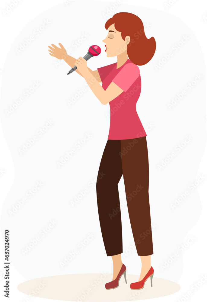 Musical concert. Woman in red t-shirt with microphone sings in a karaoke club or recording studio. Musical concert. Woman in red t-shirt with microphone sings in a karaoke club or recording studio.