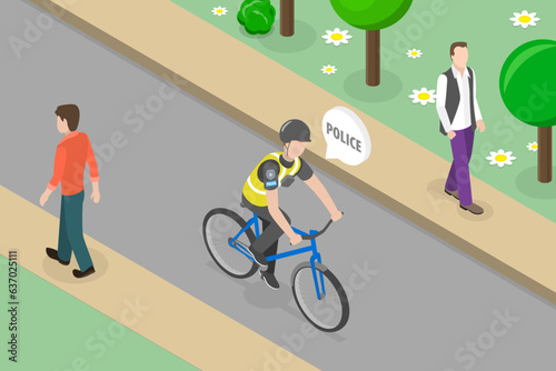 3D Isometric Flat Vector Conceptual Illustration of Bike Police, Officer Riding Bike in City Park