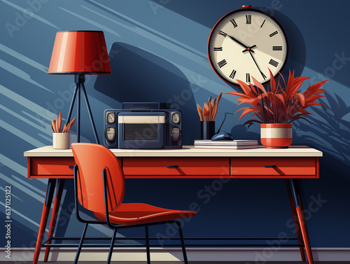 2D flat illustration of modern design study desk. Decorated with simple decorations. Natural light enters the study room from the side.