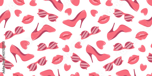 Pink trendy seamless pattern with lips, shoes, sunglasses and hearts isolated on white background.