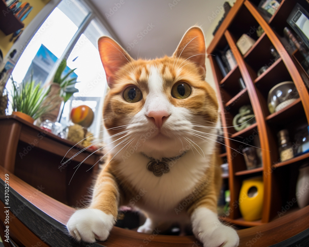 serious and cute cat taking selfie in home office with fisheye lens generated by ai
