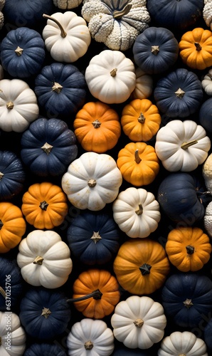 pumpkins  many different colors and shapes of pumpkins  top view  pattern  AI generated