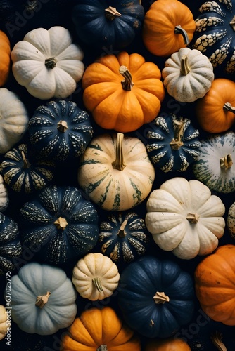 pumpkins, many different colors and shapes of pumpkins, top view, pattern, AI generated