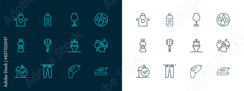 Set line Water drop, Drying clothes, Toilet bowl, Portable vacuum cleaner, brush, Wine glass, Kitchen apron and Antibacterial soap icon. Vector