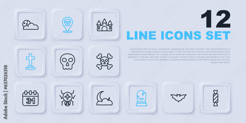 Set line Flying bat, Candy, Skull, Tombstone with RIP written, cross, Spider, and Moon stars icon. Vector Set line Flying bat, Candy, Skull, Tombstone with RIP written, cross, Spider, and Moon stars icon. Vector