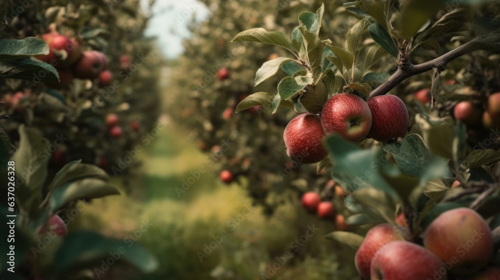 Apple orchard, close-up view of beautifully ripe apples. Apple orchard, close-up view of beautifully ripe apples.