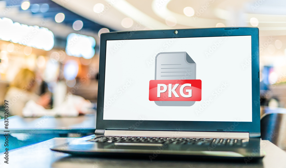 Fototapeta premium Laptop computer displaying the icon of pkg file