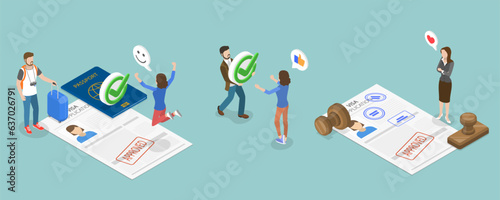 3D Isometric Flat Vector Set of Immigration Visa, Travel Approval