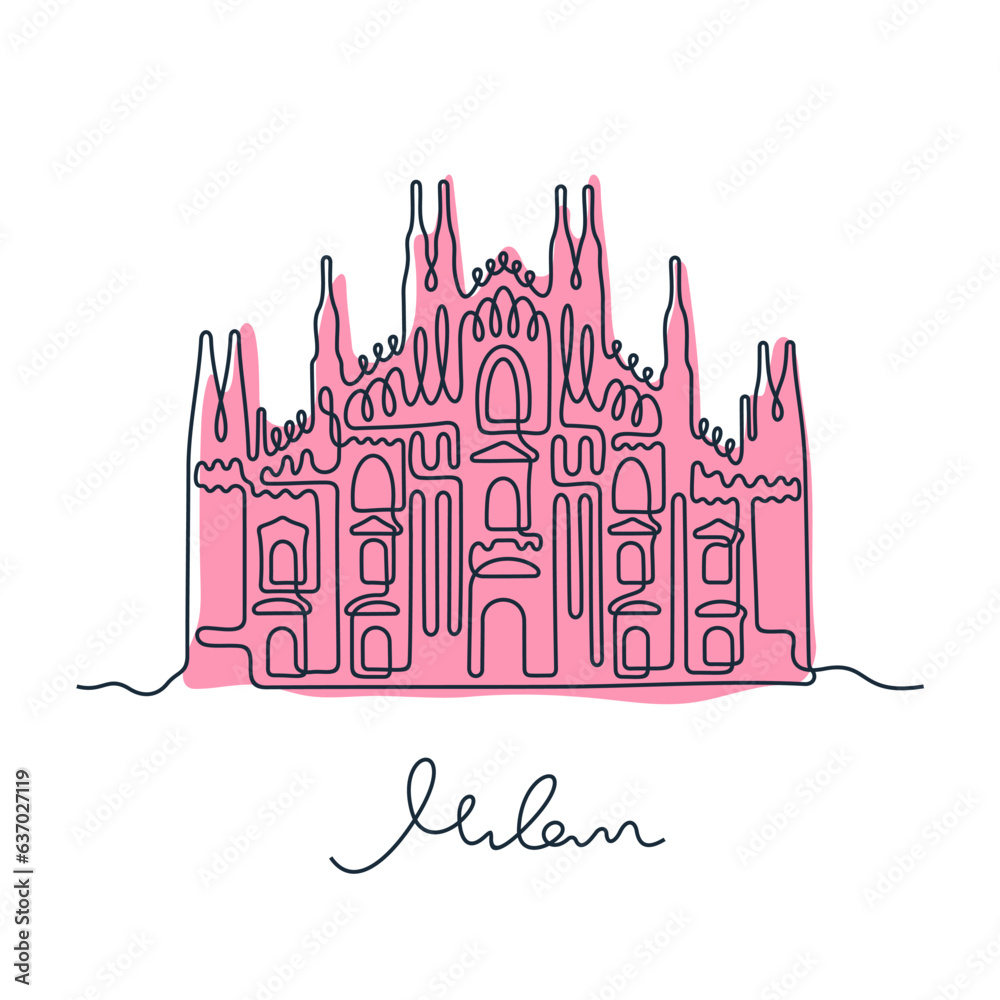 Naklejka premium Milan Cathedral, Italy. Continuous line colourful vector illustration.