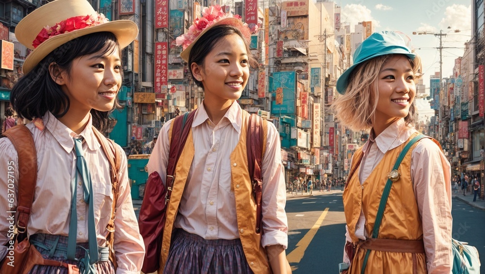 Three Asian women in traditional dress walking down the street