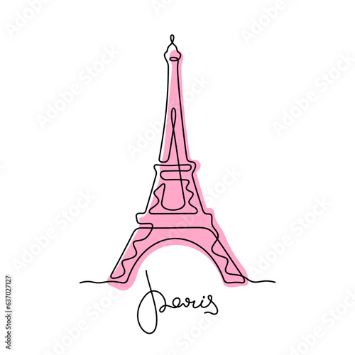 Eiffel Tower, Paris. Continuous line colourful vector illustration.