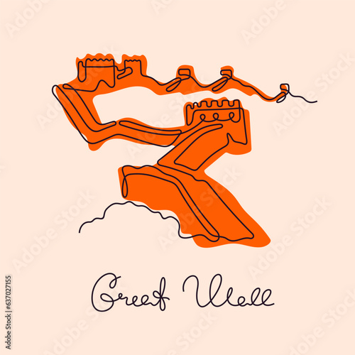 Great Wall of China continuous line colourful vector illustration