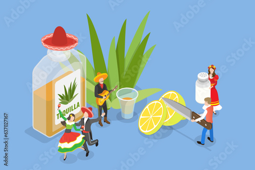 3D Isometric Flat Vector Set of Tequila, Mexican Alcohol Drink