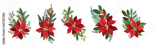 Christmas Flower Composition with Berry Twig and Branch Vector Set