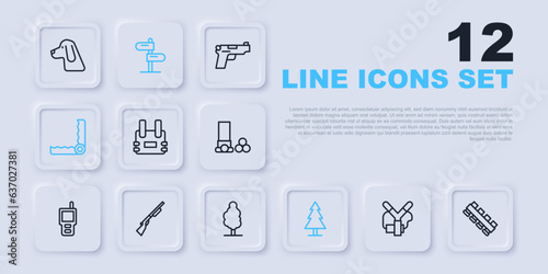 Set line Slingshot, Hunting cartridge belt, Bulletproof vest, Tree, Trap hunting, gun, Road traffic sign and icon. Vector