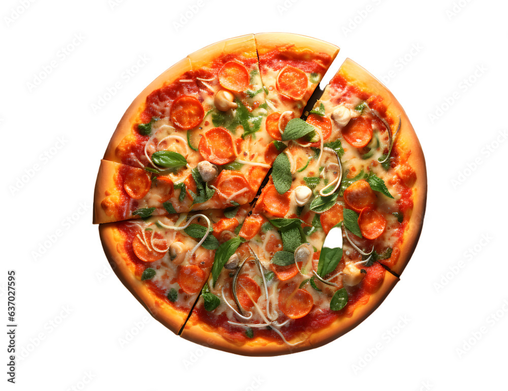 Pizza with mozzarella cheese, basil and tomatoes isolated on transparent background