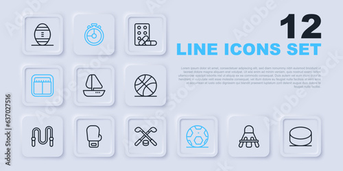 Set line Badminton shuttlecock, Hockey puck, Yacht sailboat, Soccer football ball, Sport mechanical scoreboard, Boxing glove, Stopwatch and Ice hockey sticks and icon. Vector