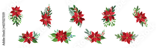 Christmas Flower Composition with Berry Twig and Branch Vector Set