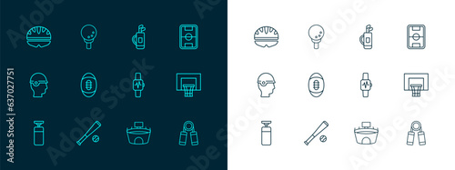 Set line Football field, Baseball bat with, Smart watch heart, Stadium, American, Golf bag clubs, Bicycle helmet and on tee icon. Vector