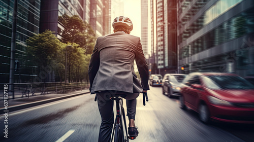 Businessman wearing helmet biking with bicycle on road in city to work. AI Generative