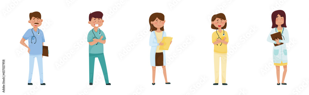 Man and Woman Doctor Character Standing and Smiling Vector Set Man and Woman Doctor Character Standing and Smiling Vector Set