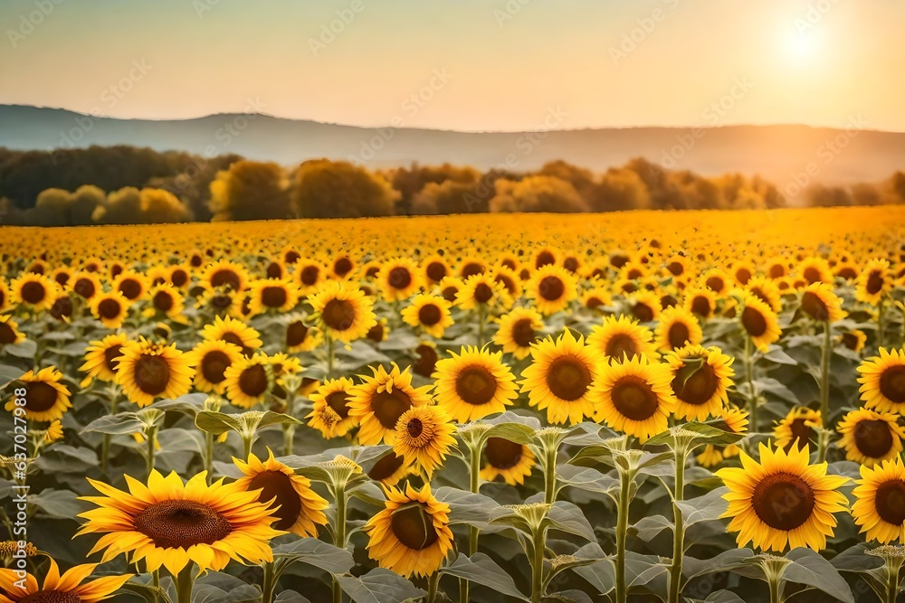 background auttum colors, sunflower field, yellows butterflies, muted colors - AI Generative
