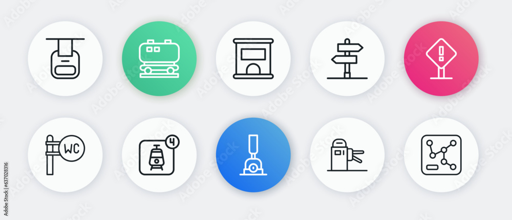 Set line Arrow for switching the railway, Exclamation mark square, Toilet, Turnstile, Road traffic sign, Ticket office to buy tickets, Railway map and Online booking icon. Vector