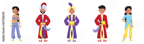Man Sultan in Turban and Woman Princess from Arabian Fairy Tale Character Vector Set